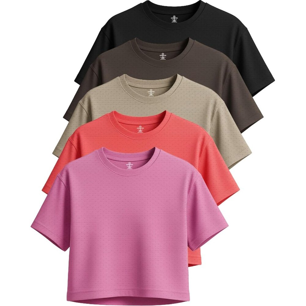 Women's Dry-Fit Crop Tops 5 Pack Short Sleeve Workout Yoga Casual Basic